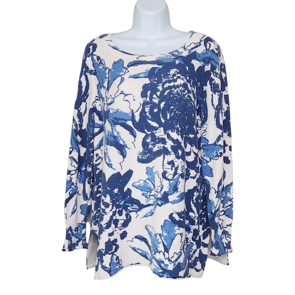 Soft Surroundings Blue Toile‎ Cotton Knit Tunic Sweater Sz L Coastal Grandmother